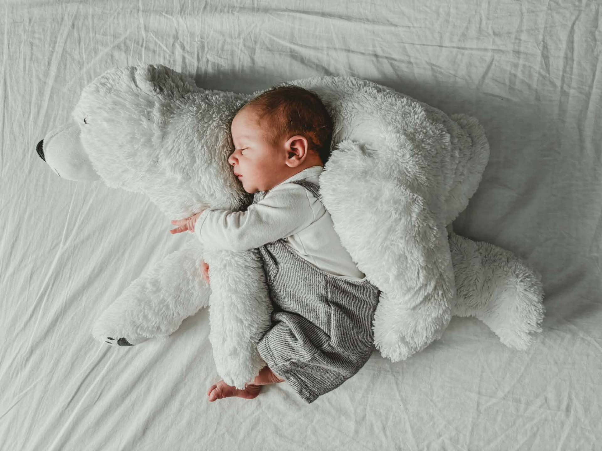 Pasgeboren baby knuffelt met een grote witte beer